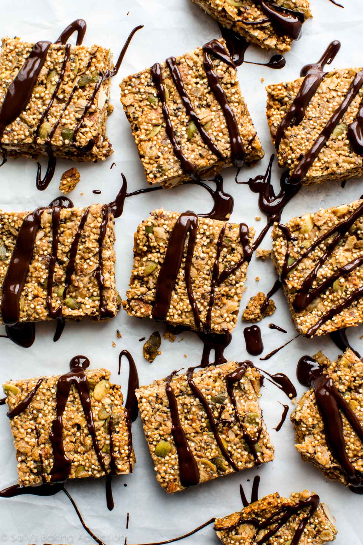 quinoa crunch snack bars drizzled with melted chocolate