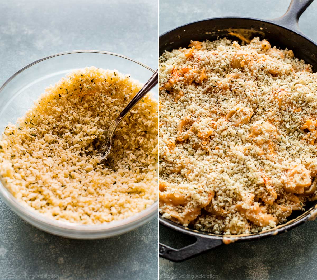 2 images of breadcrumb topping in a glass bowl and breadcrumb topping on macaroni and cheese before baking