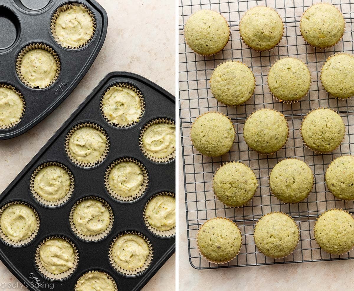 pistachio batter in cupcake pan and shown again after baking.