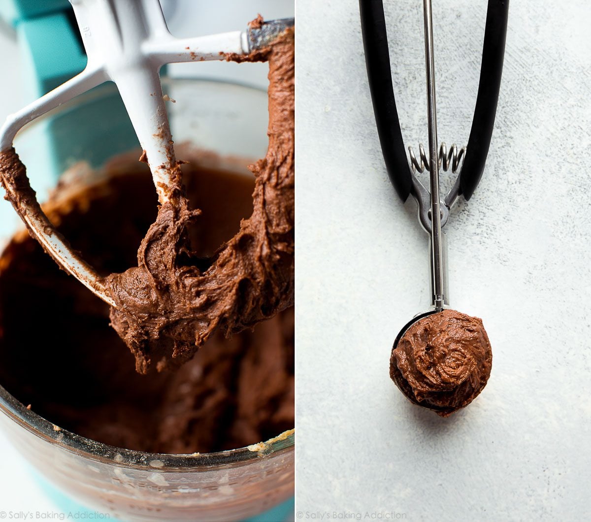 2 images of chocolate whoopie pie batter in a stand mixer bowl with a paddle attachment and a cookie scoop with batter