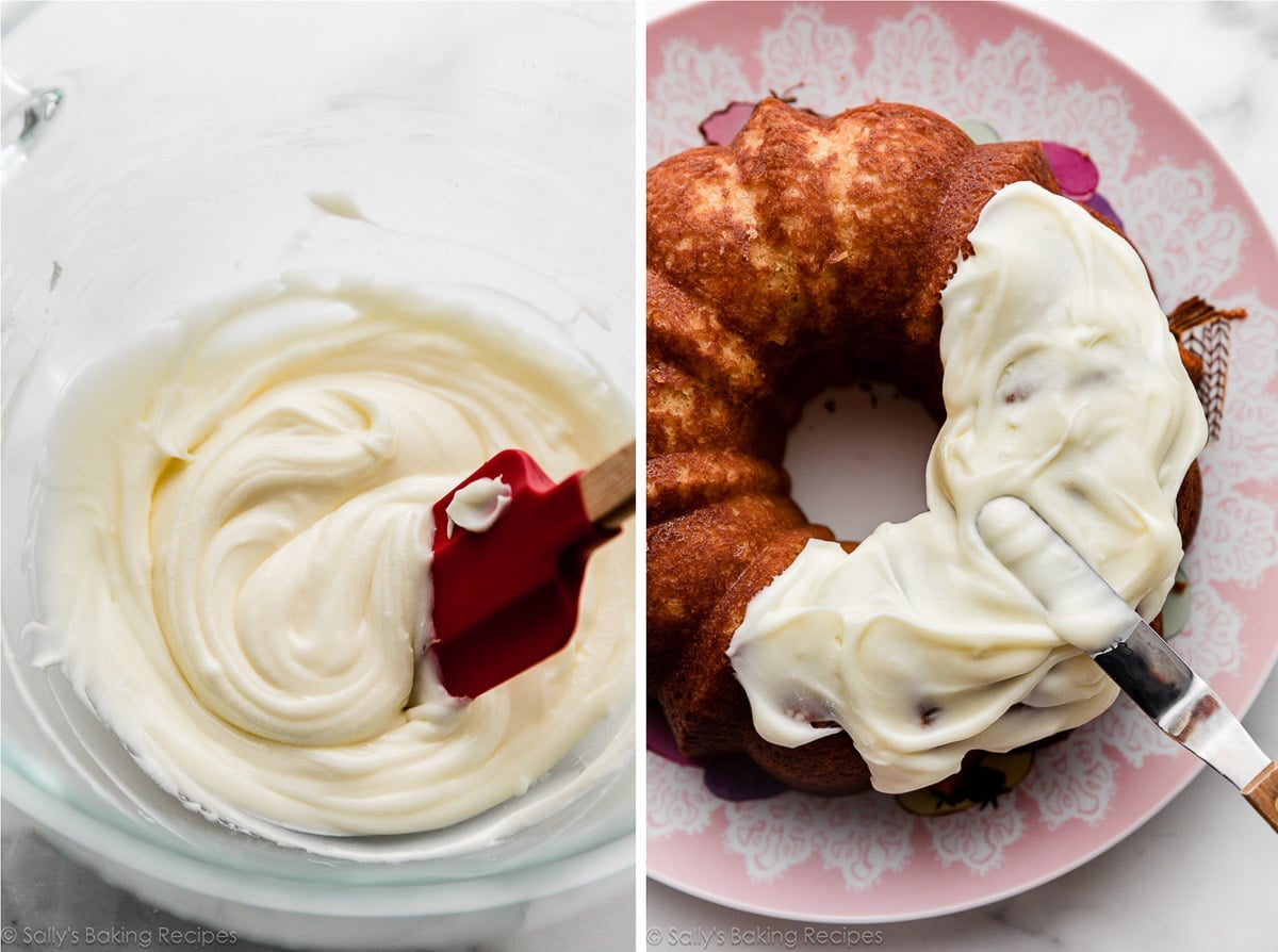 cream cheese frosting in glass bowl and shown again being spread on Bundt cake.