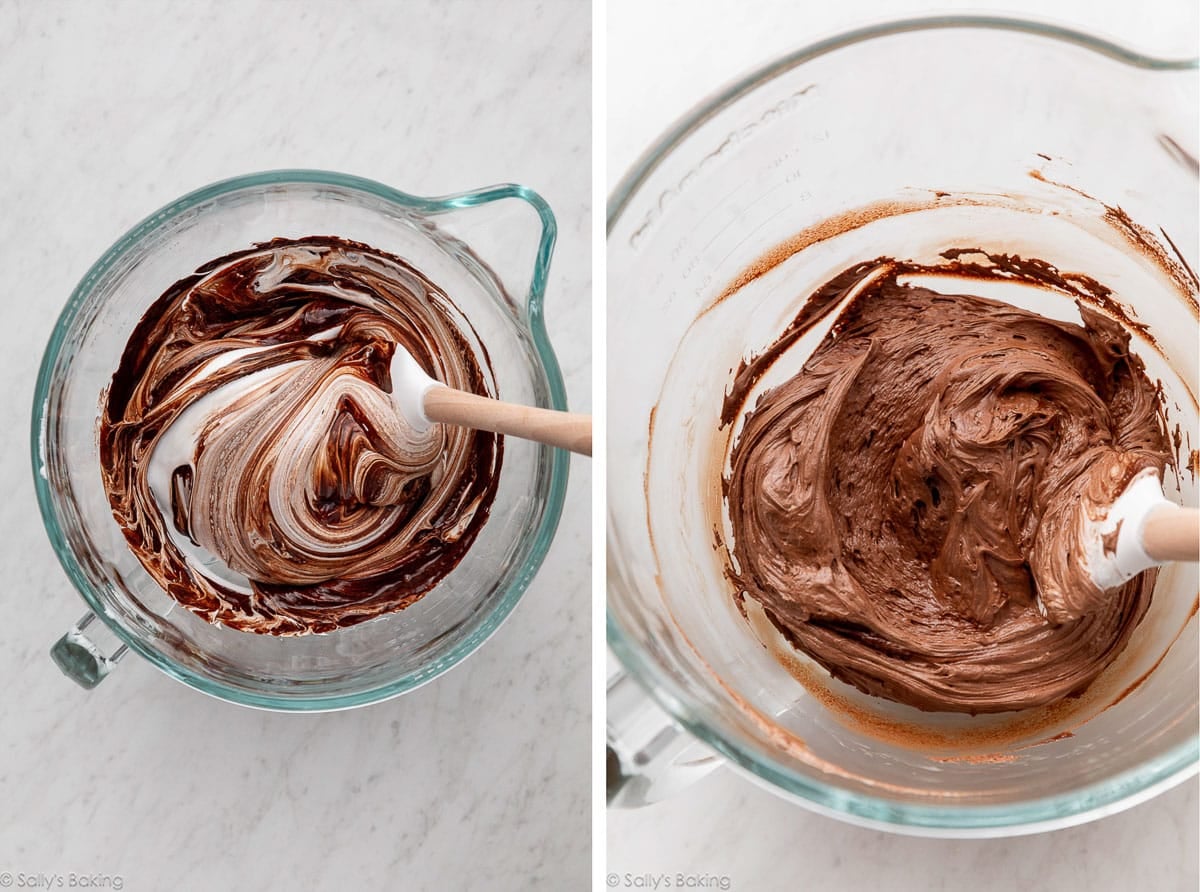 folding meringue mixture and chocolate mixture together.