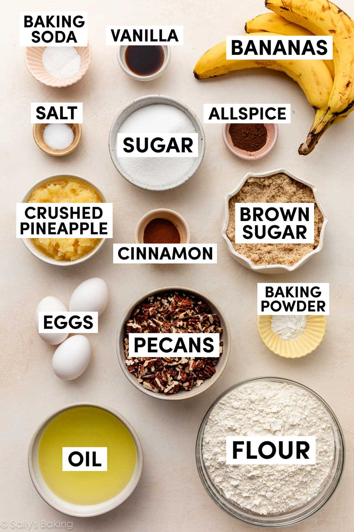 ingredients in bowls including oil, flour, pecans, brown sugar, spiced, and pineapple.