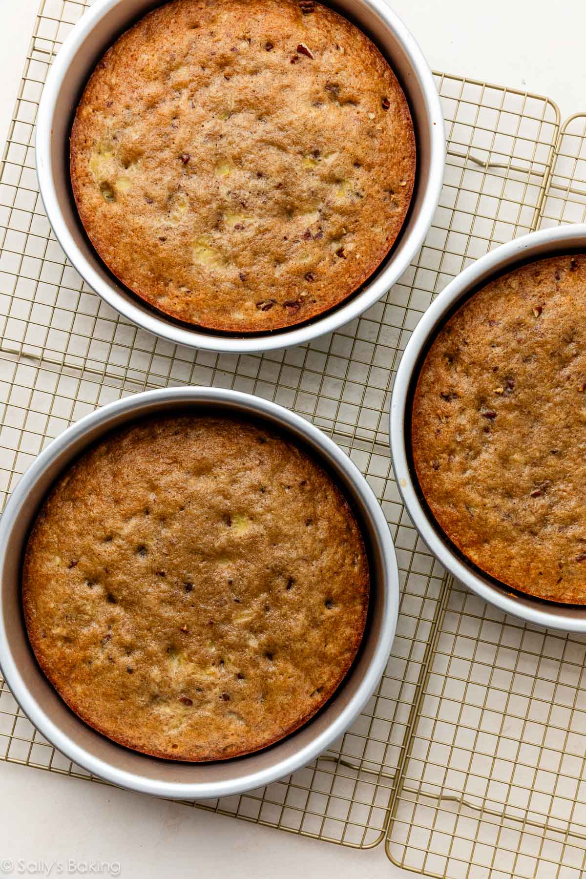 cakes in round pans on gold cooling racks.
