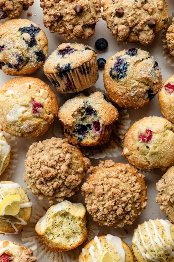 overhead photo of a variety of muffins.