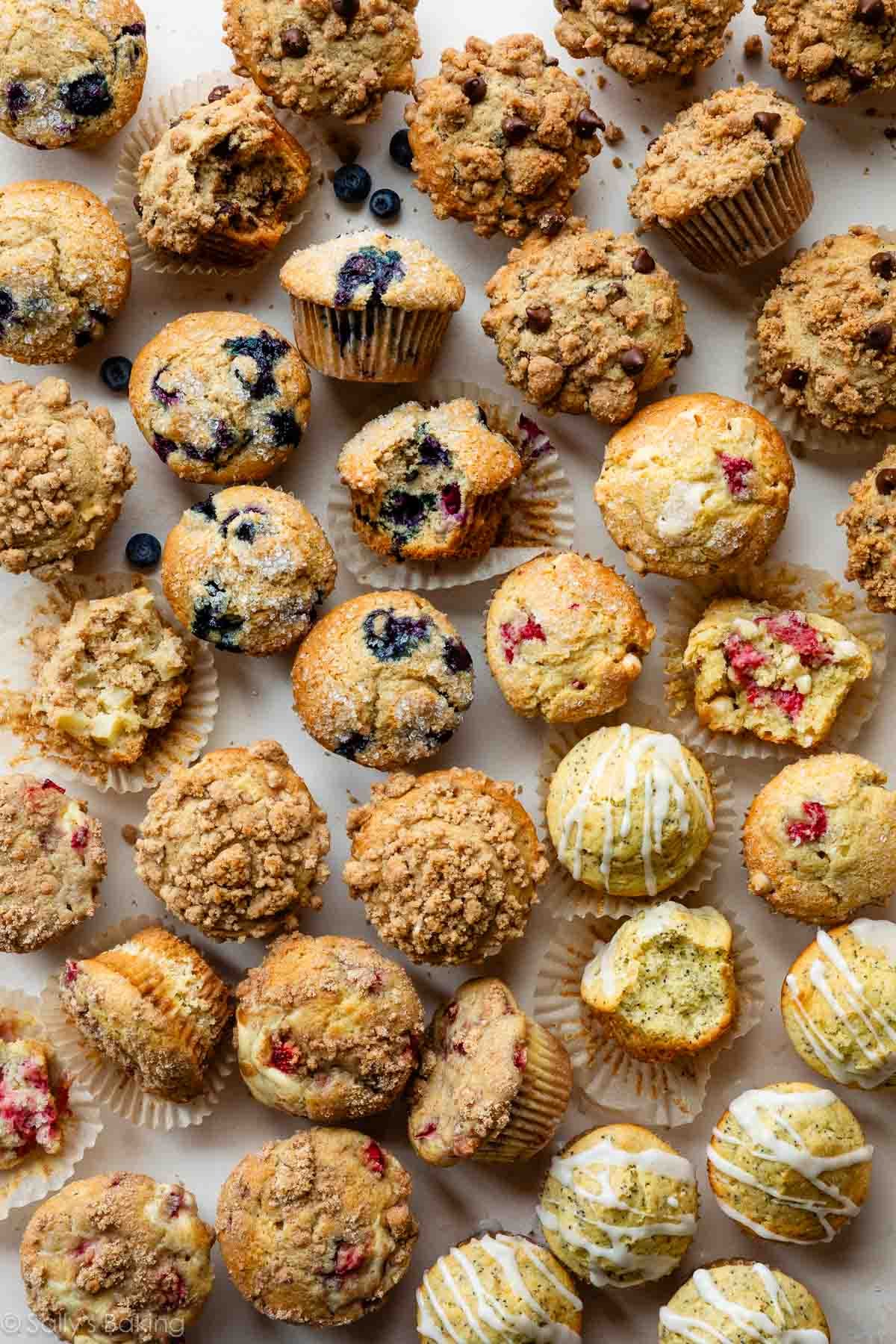 muffins in different flavors including blueberry, lemon poppy seed, strawberry cheesecake, lemon poppy seed, and chocolate chip.