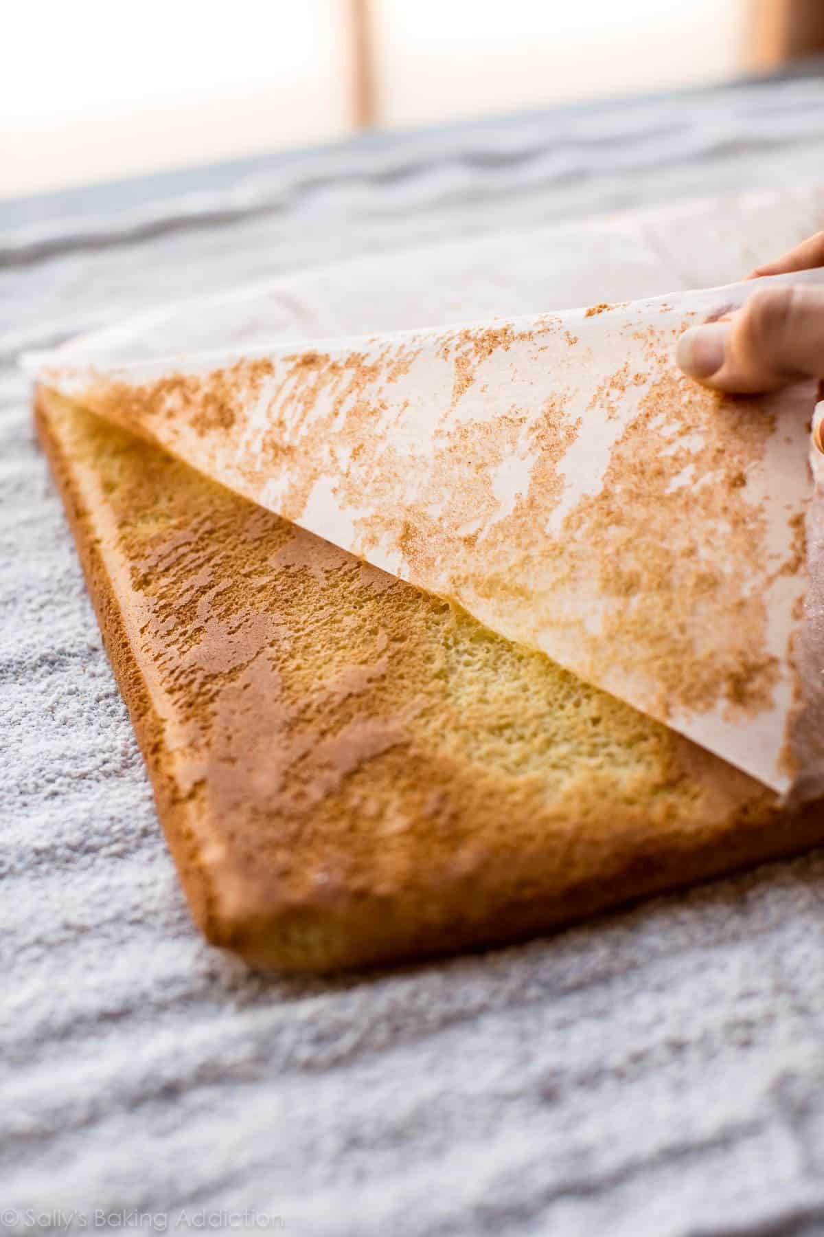 peeling parchment off of sponge cake