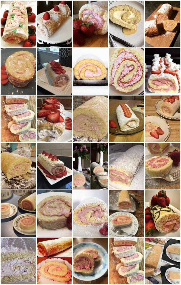 collage of strawberry cake roll photos
