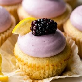 lemon cupcakes with blackberry cream cheese frosting