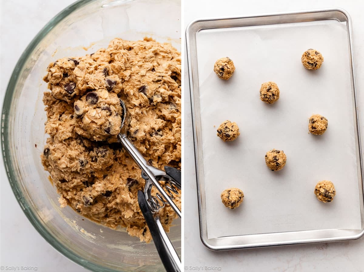 cookie dough with cookie scoop and shown again portioned on lined baking sheet.