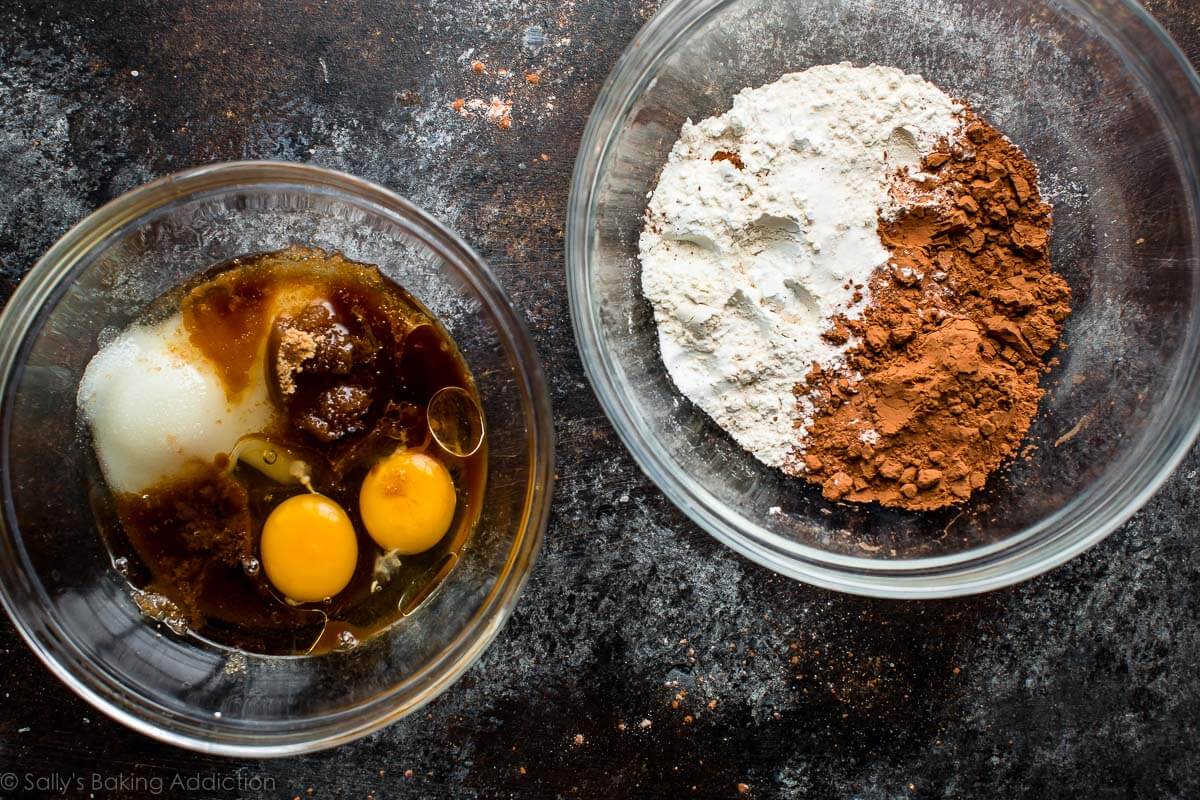 overhead image of wet ingredients in a glass bowl and dry ingredients in a glass bowl