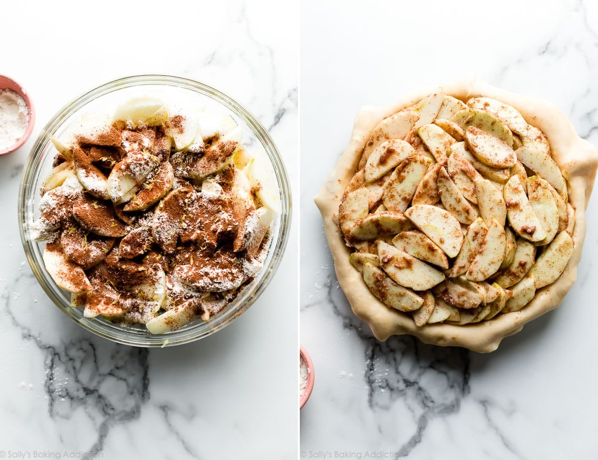 2 images of apple pie filling in glass bowl and filling in pie dish