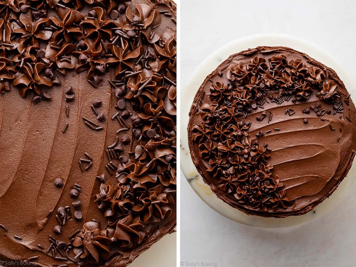close-up of piped chocolate frosting with chocolate sprinkles and mini chocolate chips.