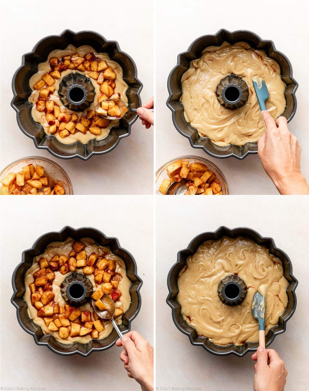 layering cake batter and peaches into Bundt pan.