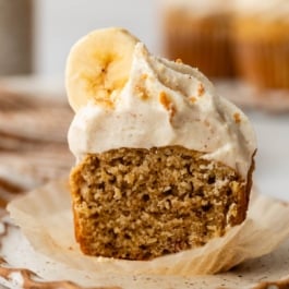 banana cupcake cut in half.