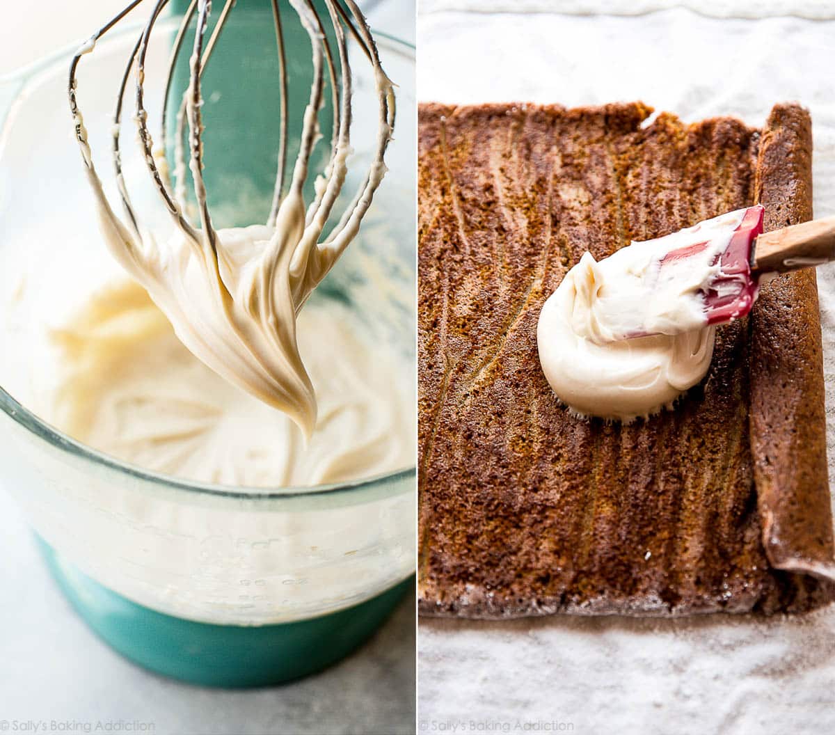 2 images of cream cheese frosting in a bowl and spreading it onto pumpkin roll