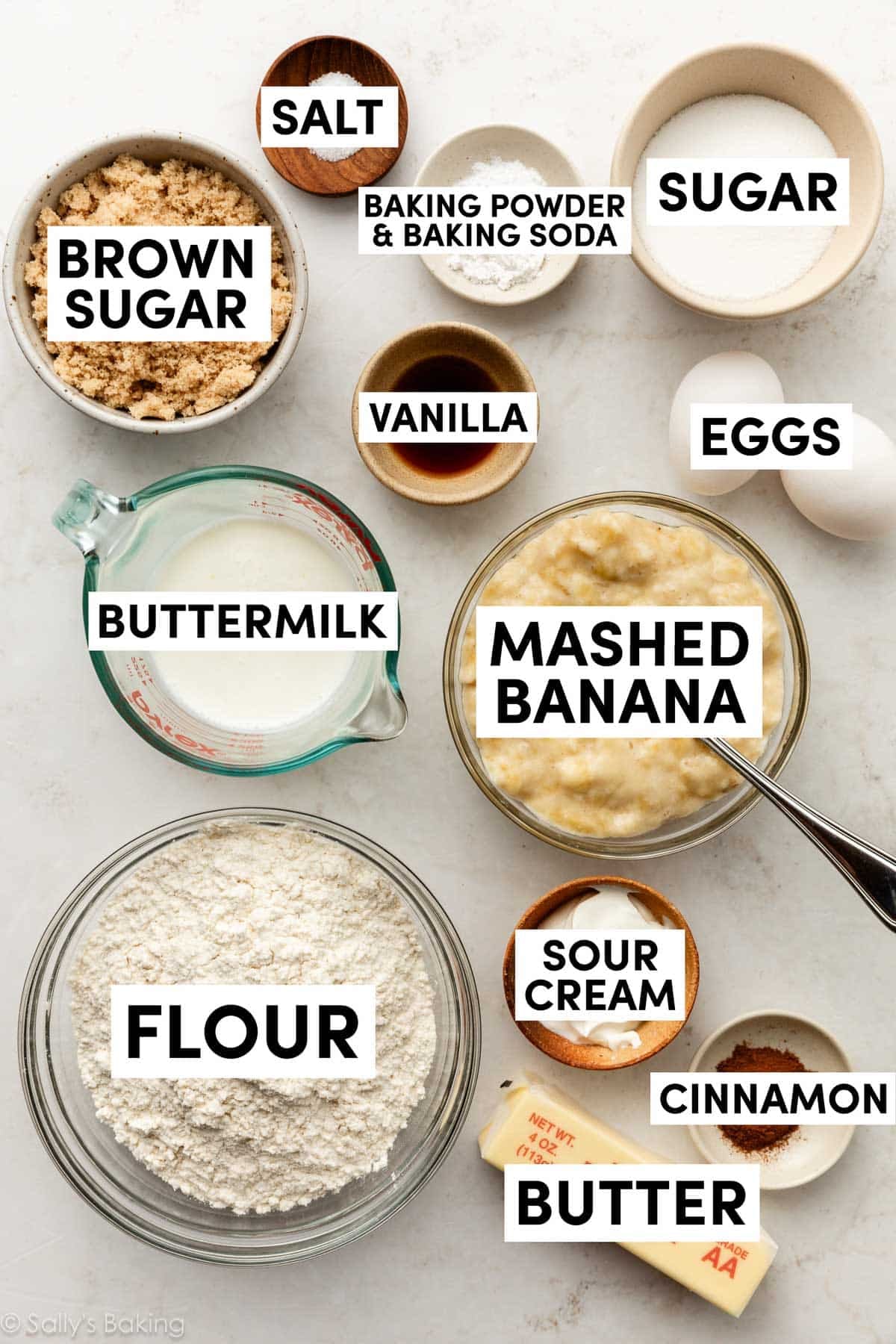ingredients measured out including flour, butter, cinnamon brown sugar, eggs, and buttermilk.