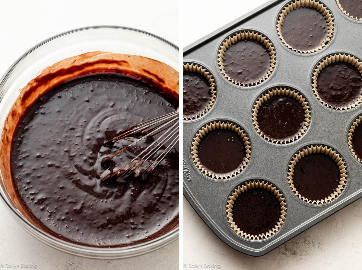 batter in bowl and in cupcake pan.
