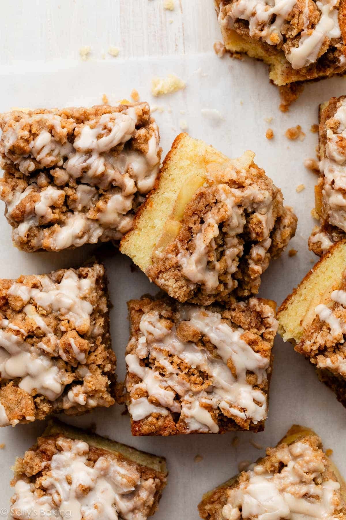 apple crumb cake with icing.