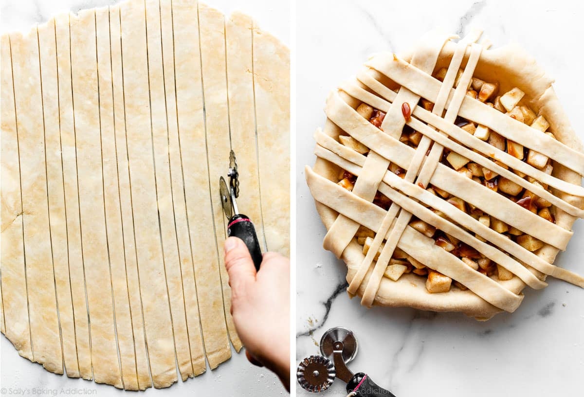 pastry wheel cutting thick and thin pie dough strips and another photo showing the strips being latticed on pie.