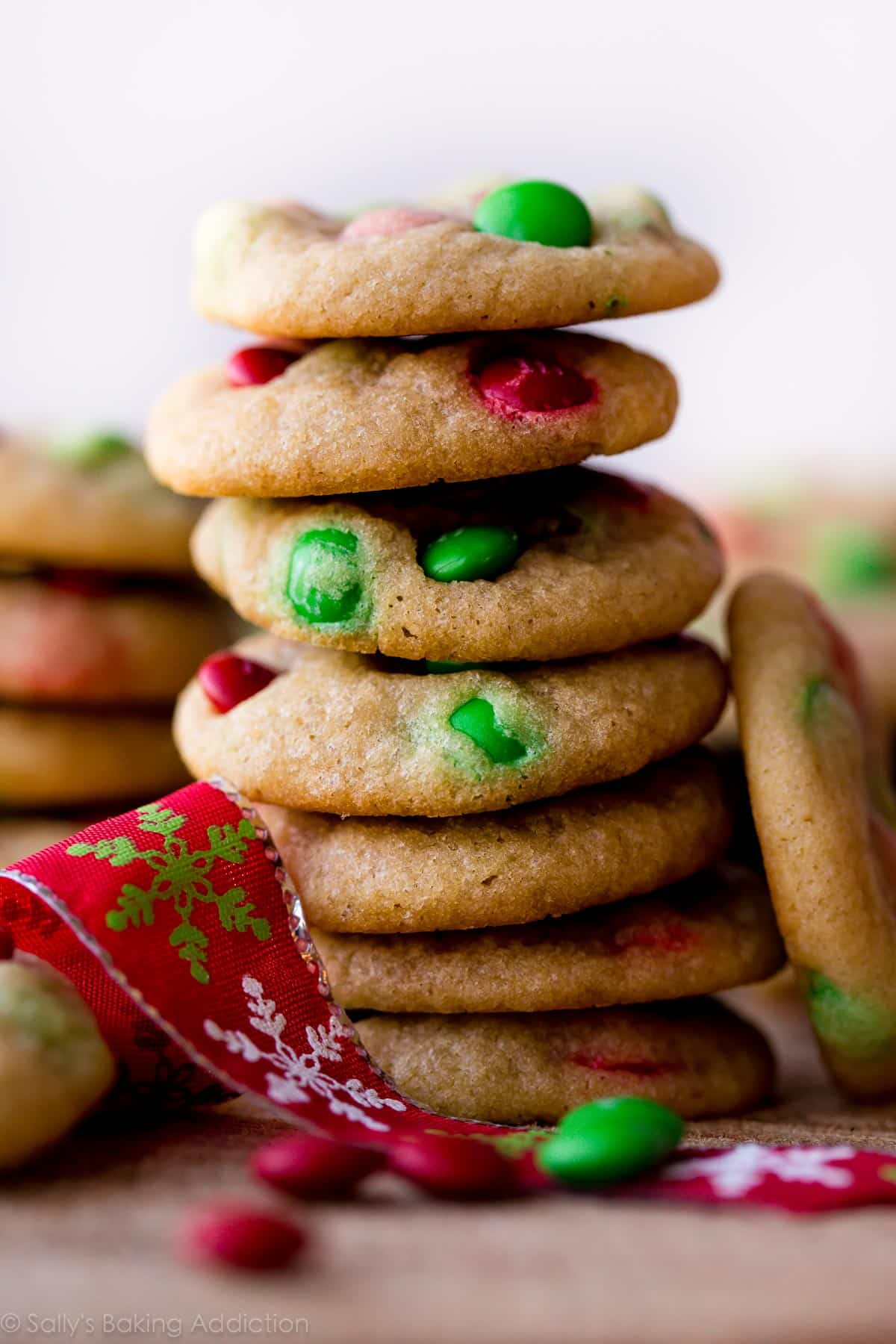 stack of mini M&M cookies with red and green M&Ms