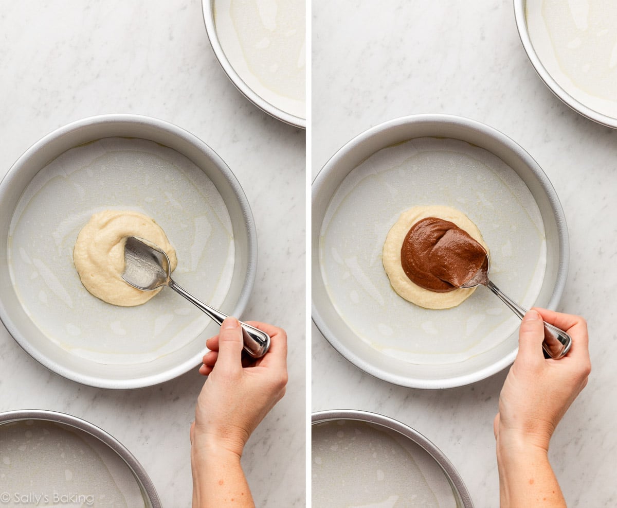 spooning batter into lined round cake pan.