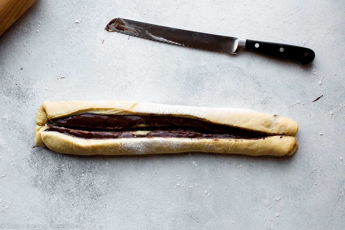 babka dough filled with Nutella and sliced in half
