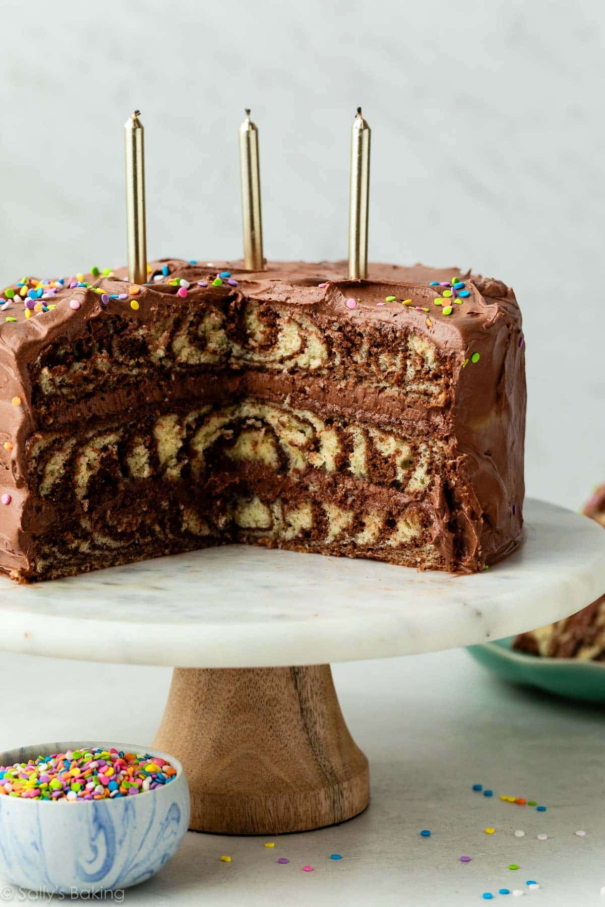 zebra layer cake with chocolate and vanilla on cake stand.