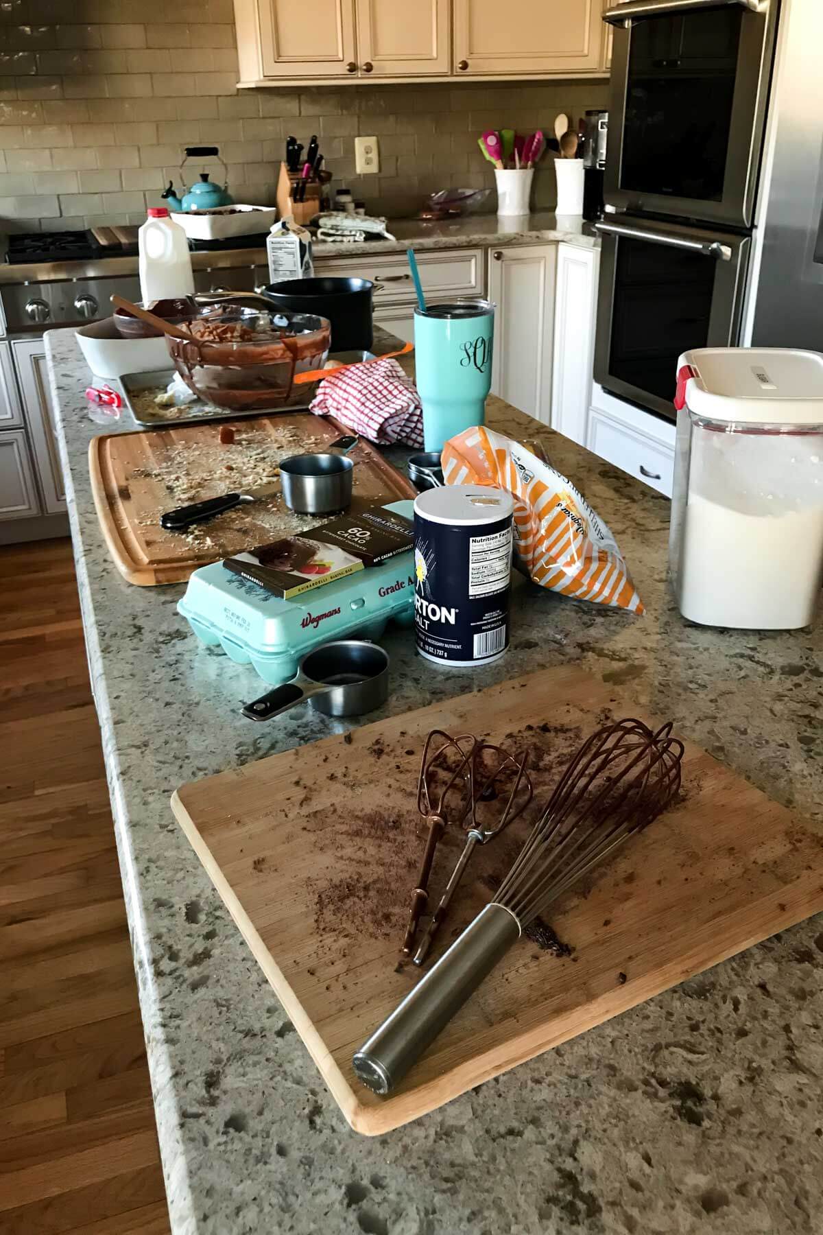 ingredients for chocolate bread pudding in the kitchen