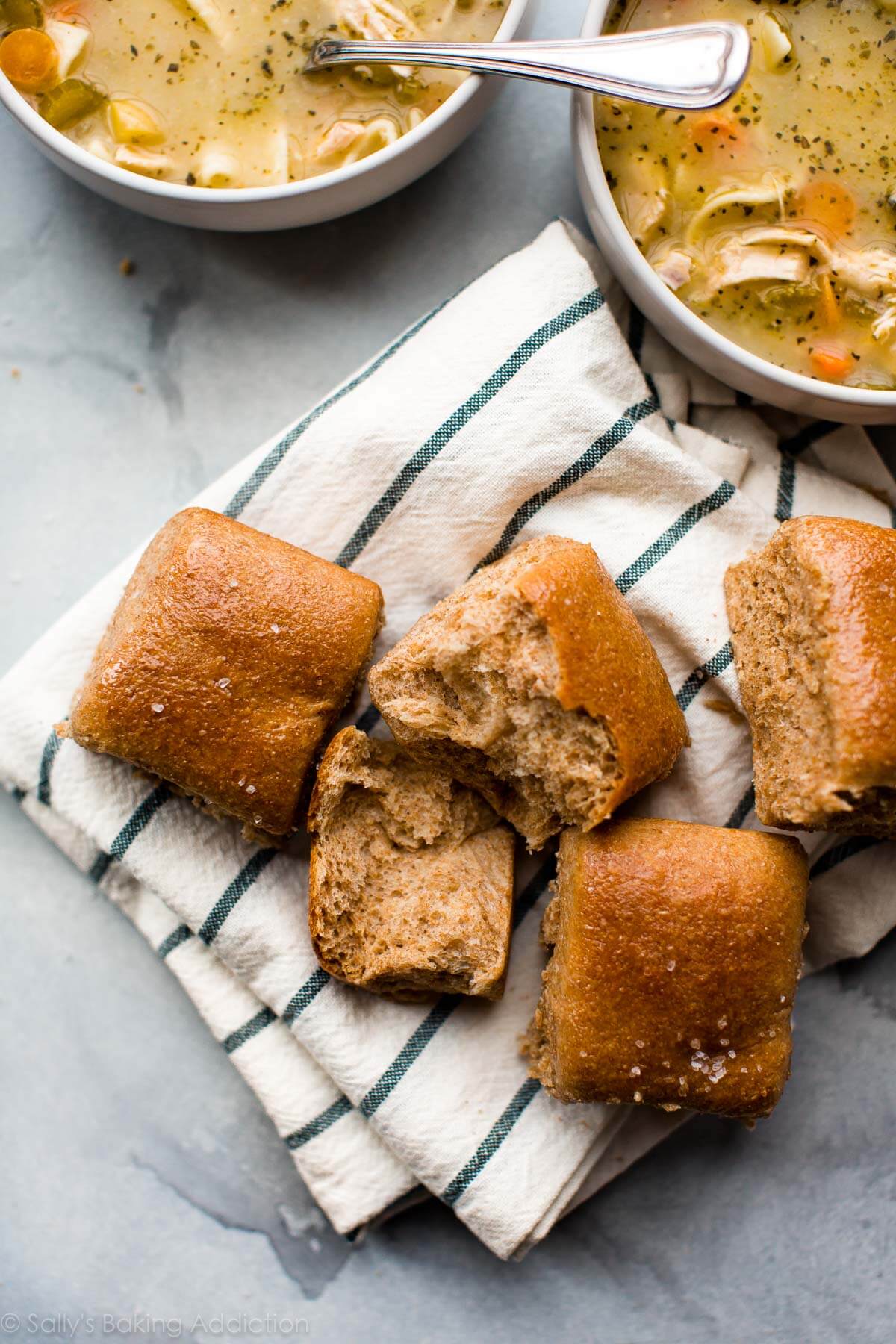 whole wheat rolls and chicken noodle soup
