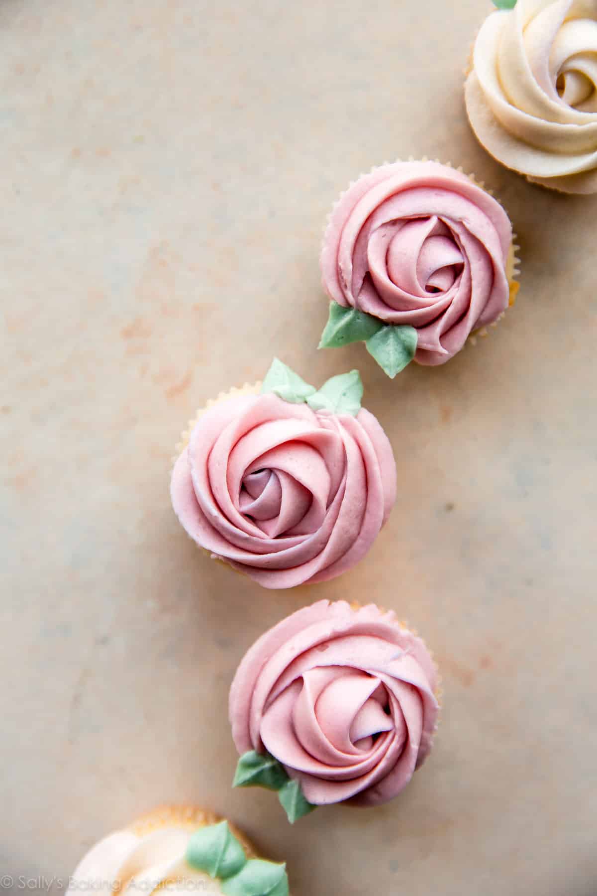 pastel pink piped roses on mini cupcakes