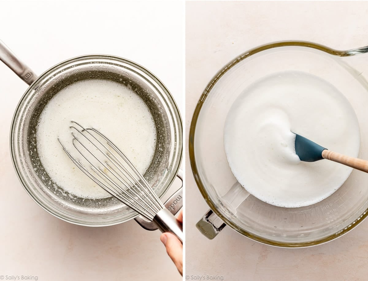 whisk whisking egg whites and sugar in bowl and again after cooking the mixture.