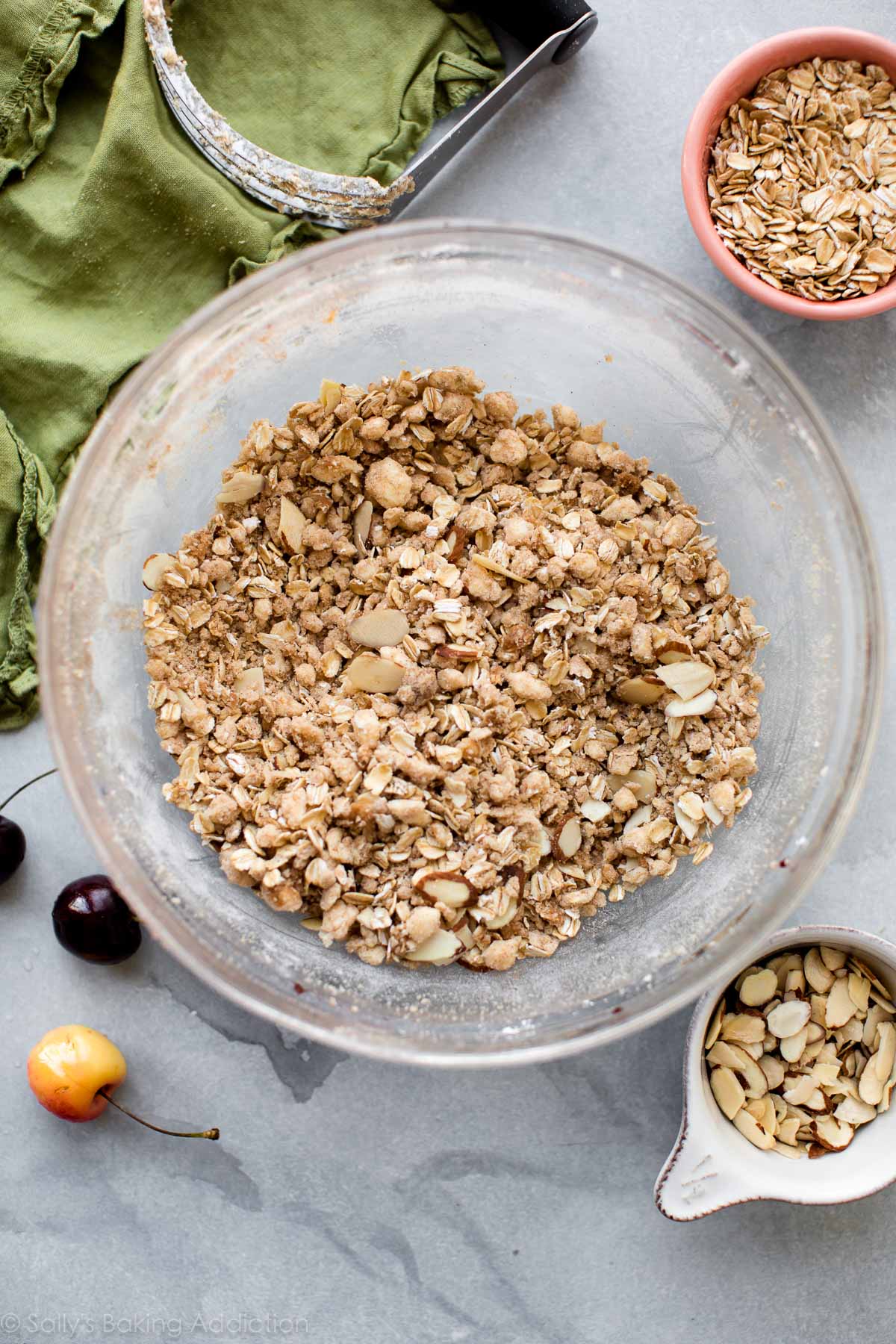 oatmeal streusel topping in a glass bowl