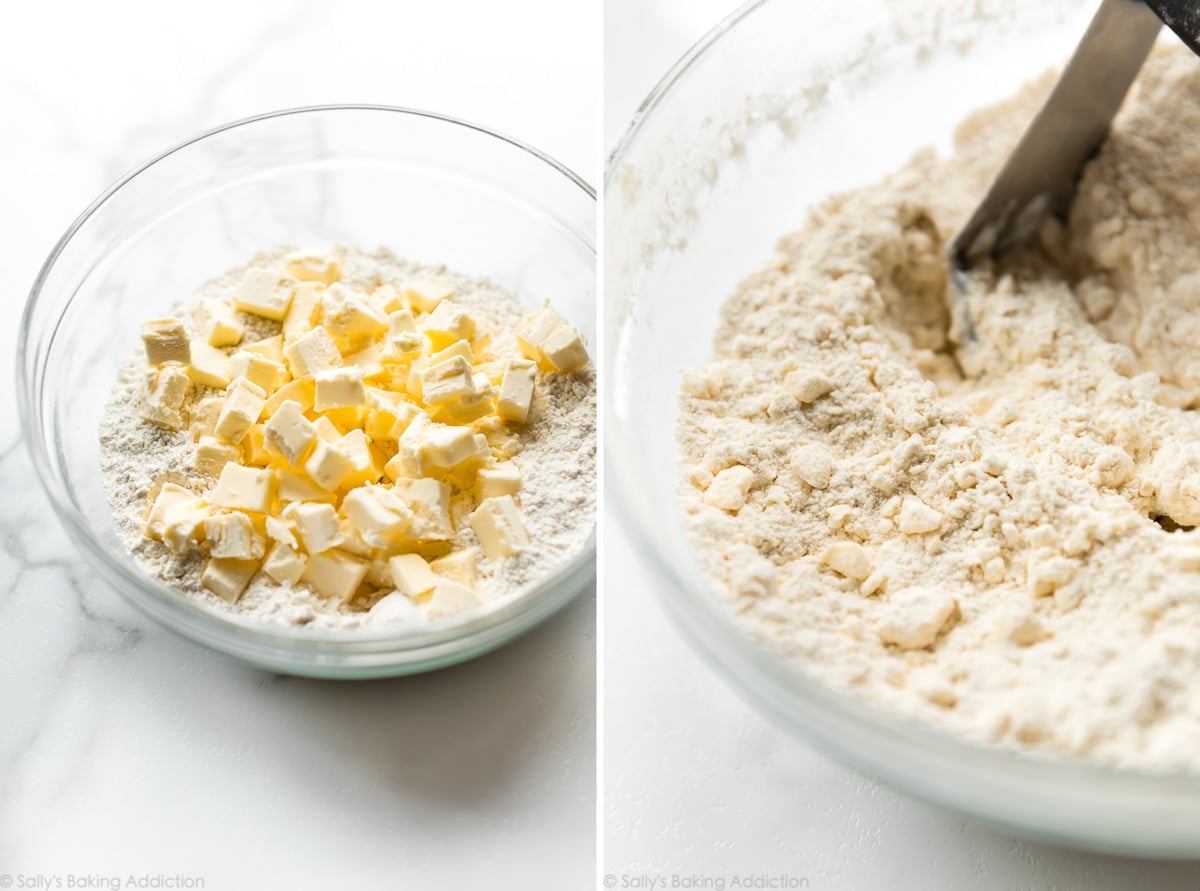 2 images of cubed butter with flour mixture and flour mixture after using a pastry cutter