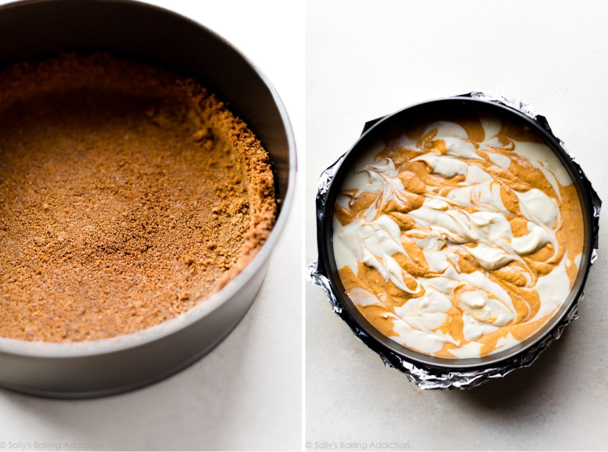 Gingersnap cookie crust in a springform pan and pumpkin swirl cheesecake filling in a springform pan before baking