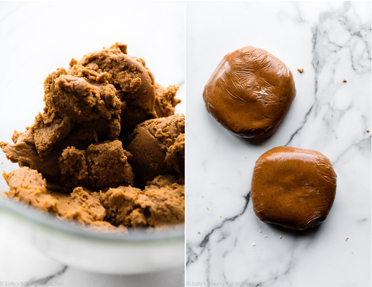 2 images of gingerbread house cookie dough in a glass bowl and formed into discs wrapped in plastic wrap