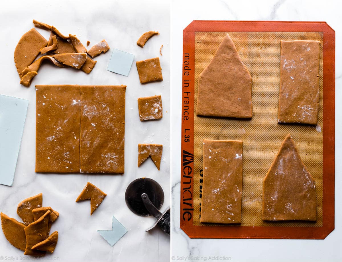 2 images of gingerbread house shapes and gingerbread house pieces on a silpat baking mat