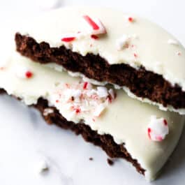 Peppermint bark cookie broken in half