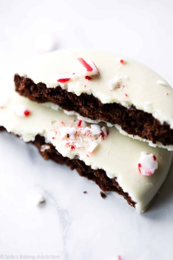Peppermint bark cookie broken in half