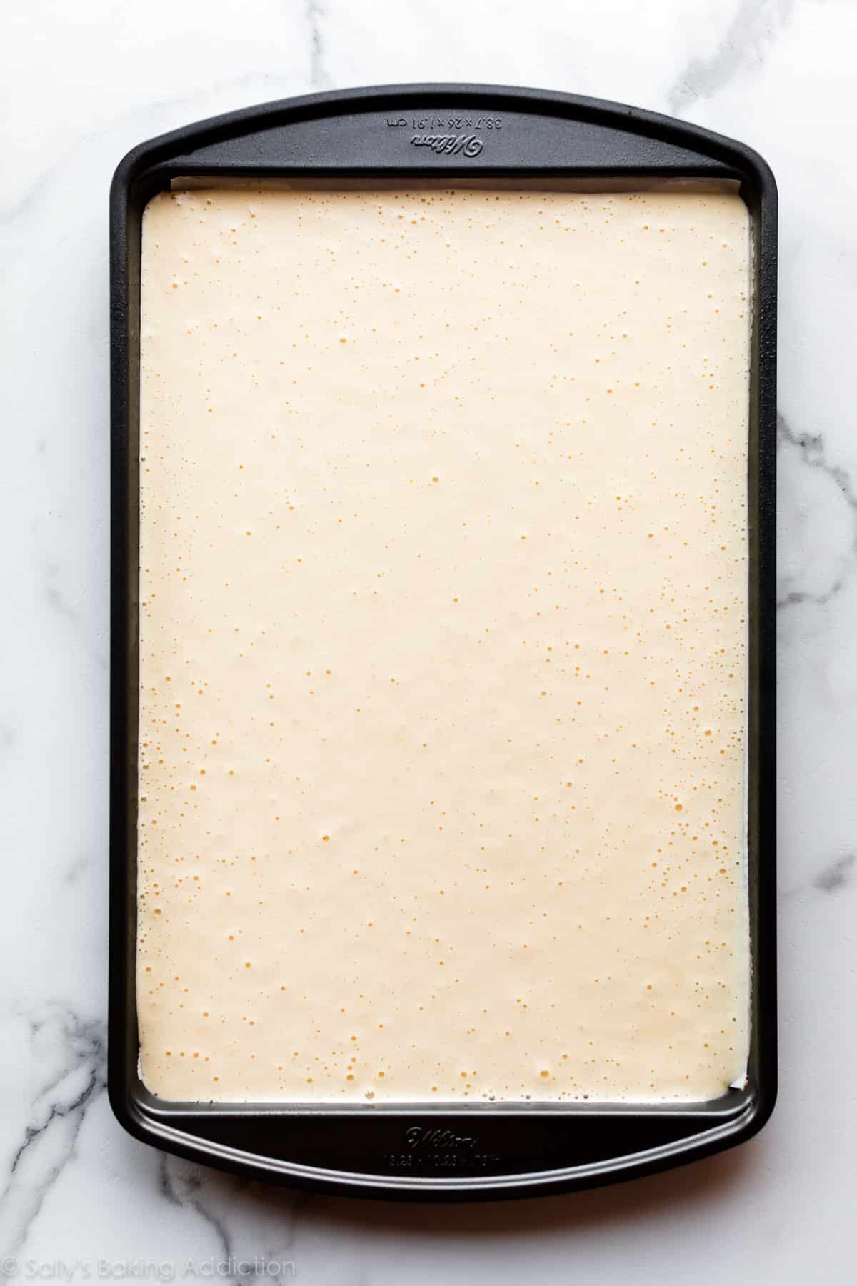 Sponge cake batter in a pan before baking