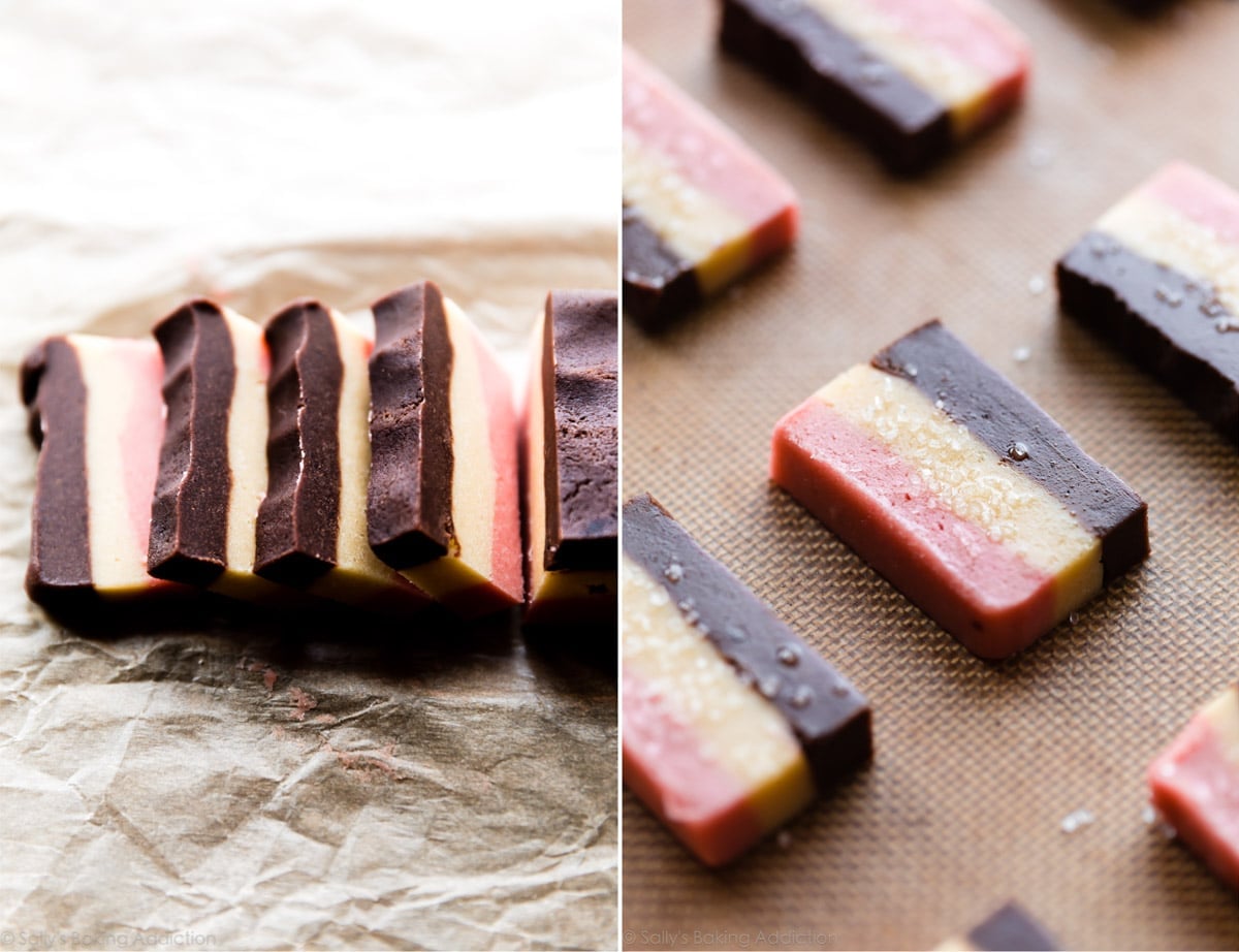 2 images of shaped neapolitan cookies before baking