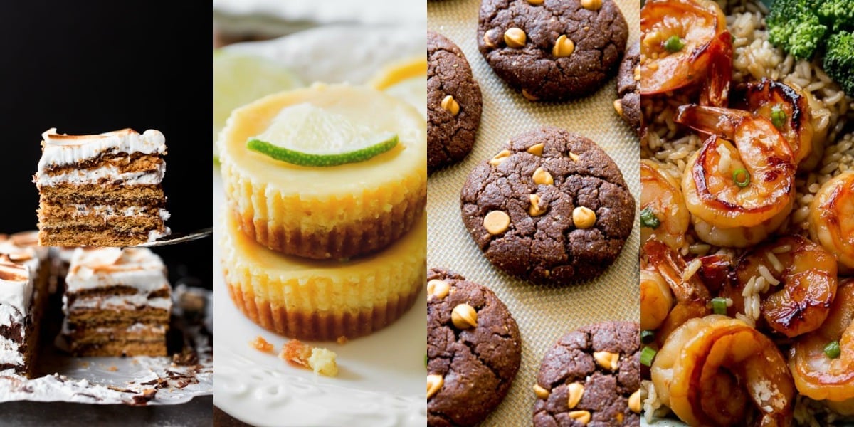 collage of 8 ingredient or less recipes including no-bake smores cake, mini key lime pies, flourless peanut butter brownie cookies, and honey garlic shrimp
