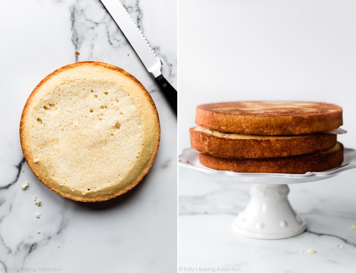 2 images of how to level a layer cake and stacked level cake layers on a white plate