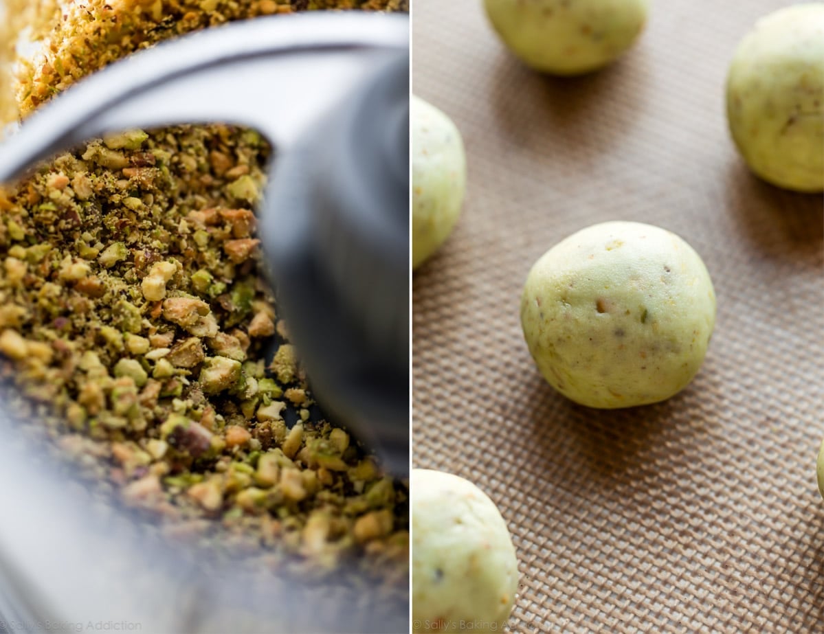 2 images of pistachios in a food processor and pistachio cookie dough balls on a baking sheet