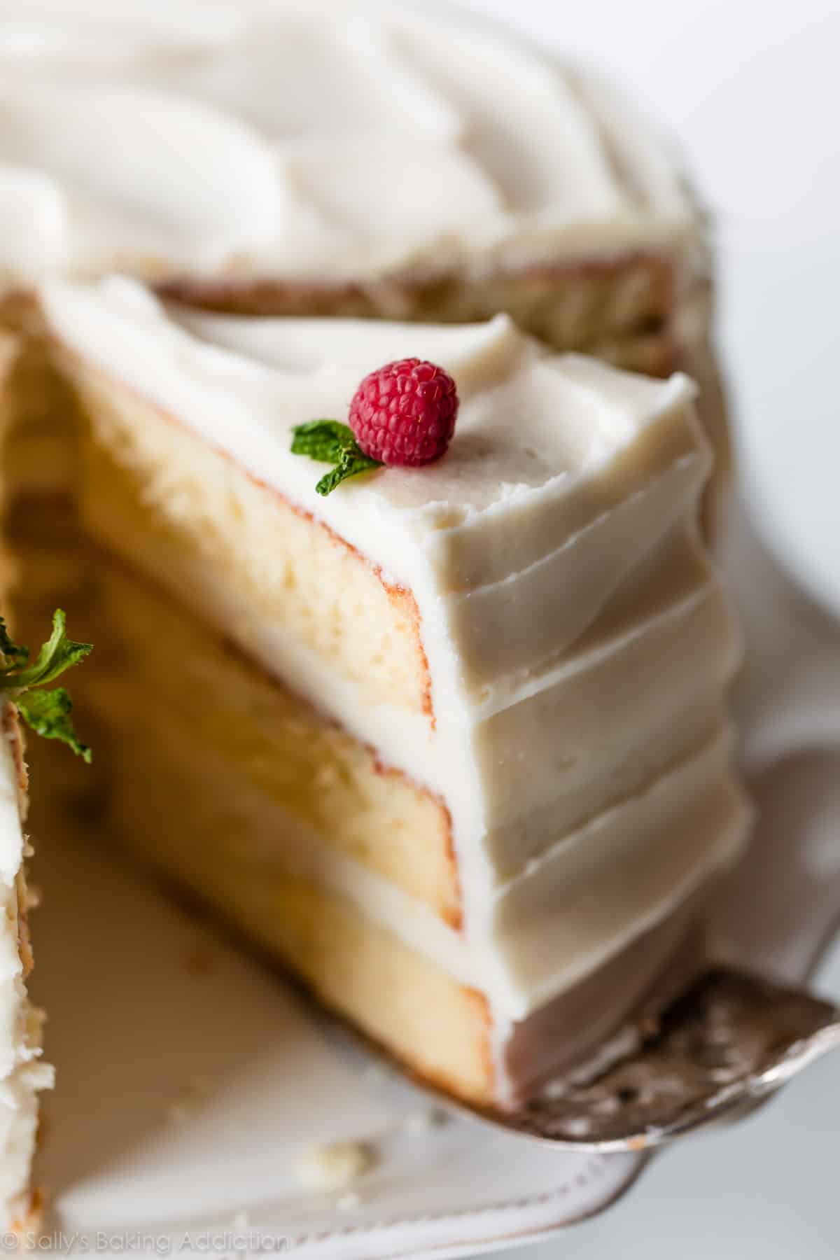 slice of vanilla cake with 3 layers
