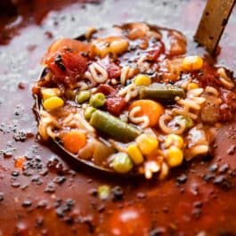 ladle of homemade alphabet vegetable soup