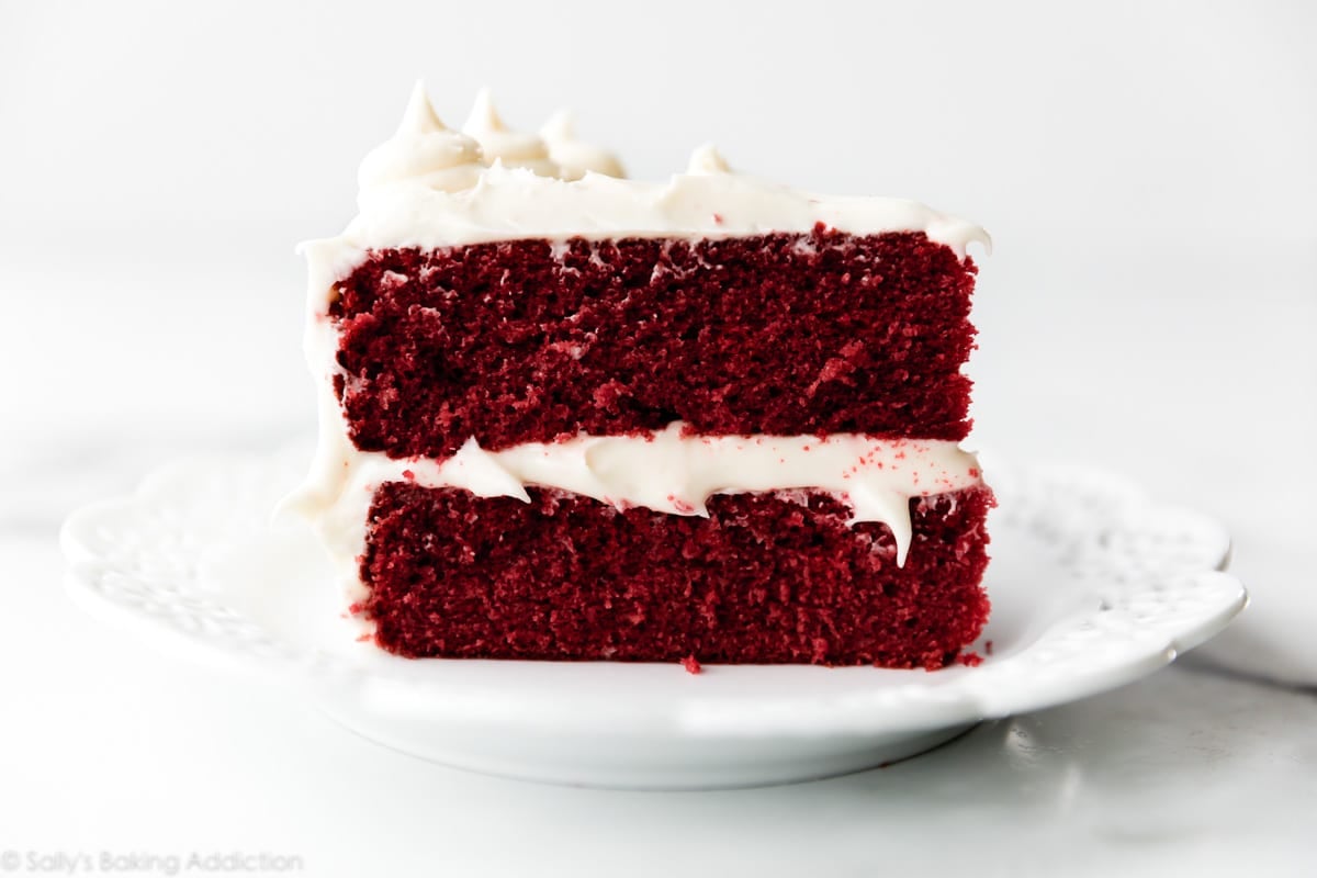 slice of red velvet cake on a white plate