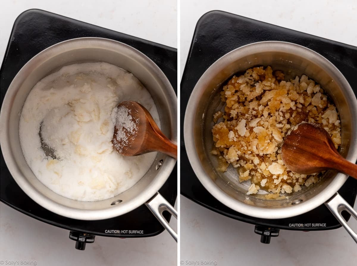 cooking sugar in pot and shown again after it begins to darken.