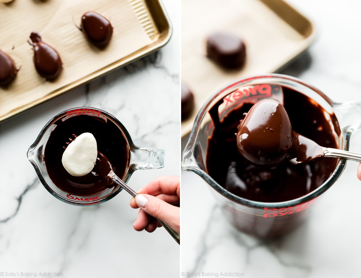 2 images of dipping candy in chocolate