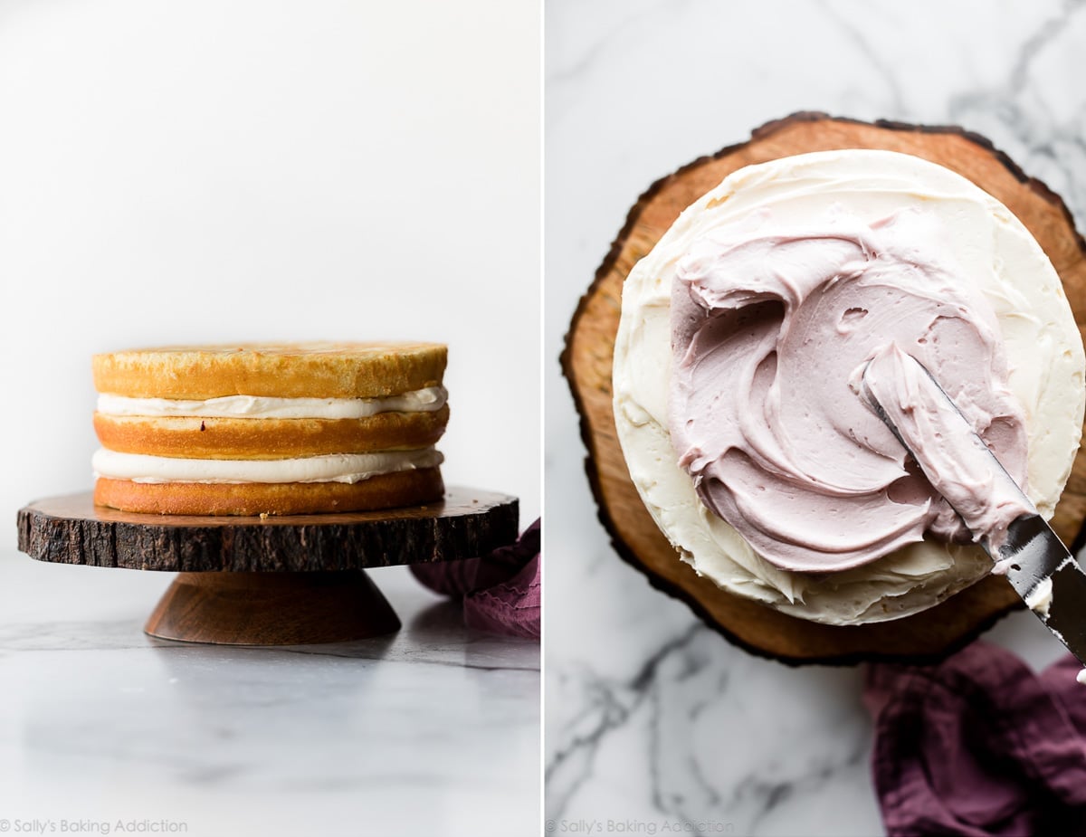 2 images of frosting a 3 layer lavender cake from the side and overhead
